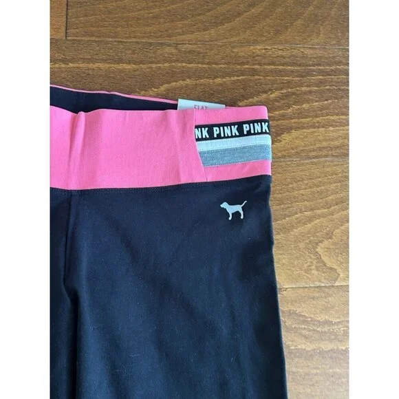 Victoria Secret Pink Yoga Flat Crop Legging Pink/Black NWT Size M Logo Stretch - Picture 2 of 6